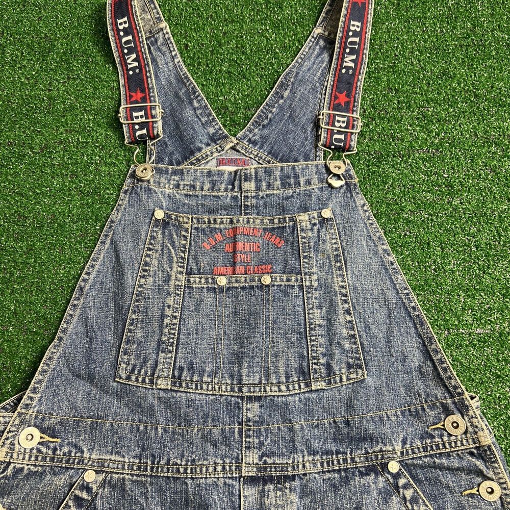 Vtg Bum Equipment Denim Shortalls Womens Size Medium Spell Out Overall Shorts‎